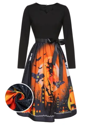 1950s Black Halloween Long Sleeve Swing Dress