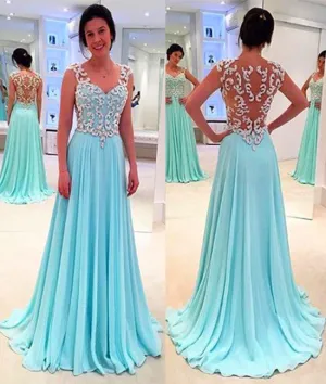 A Line Chiffon Lace Long Light Green Prom Dresses, Green Formal Dresses, Lace Evening Dresses