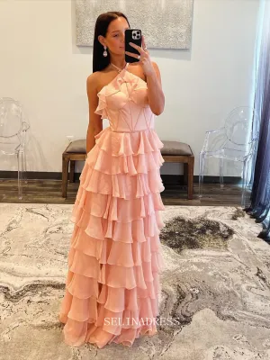 A-line Halter Fuchsia Ruffles Long Prom Dress With Slit lpk931