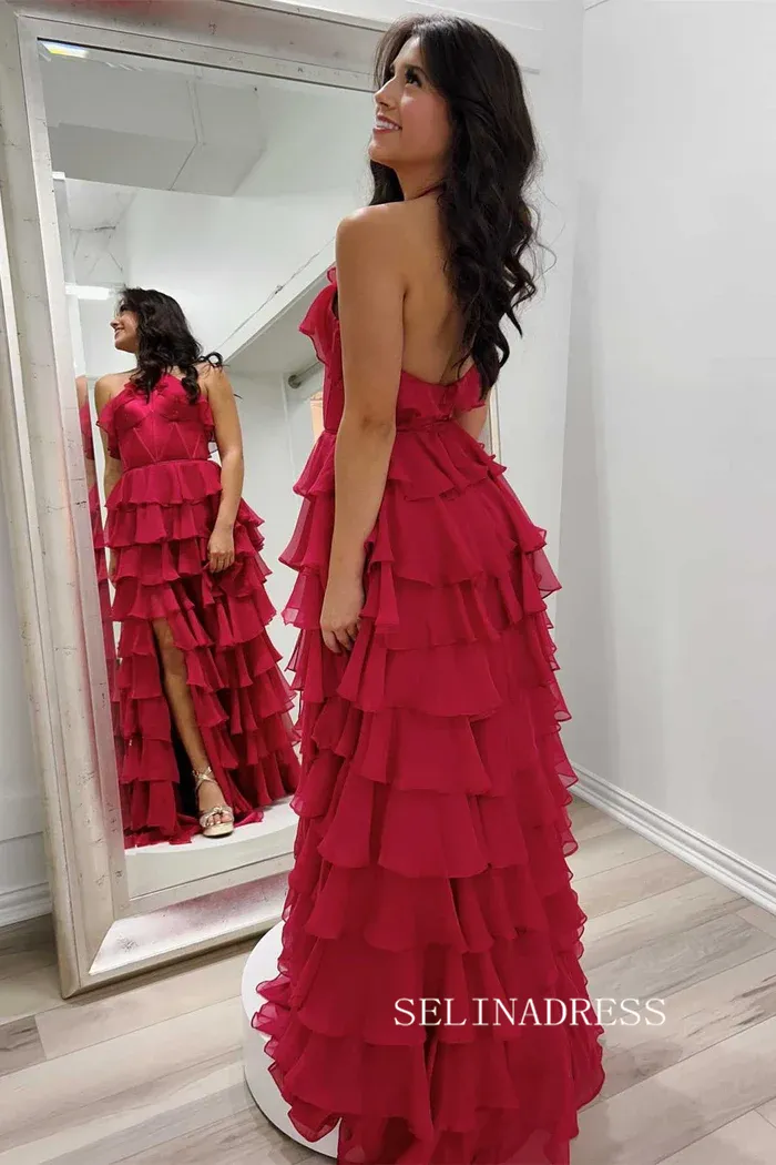 A-line Halter Fuchsia Ruffles Long Prom Dress With Slit lpk931