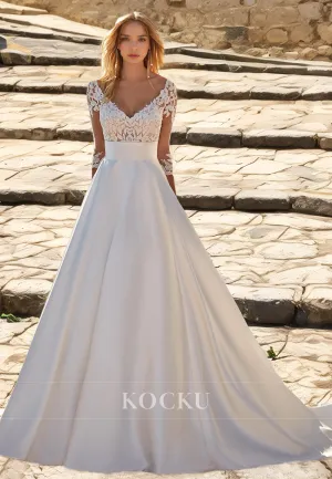 A-Line Long Sleeves V-Neck Appliques Pleats Satin Bridal Gowns Wedding Dress with Train