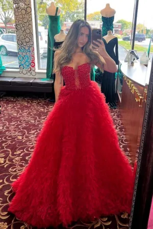 A Line Red Ruffle Tulle Long Prom Dresses with Beading, Beaded Red Formal Evening Dresses A2089