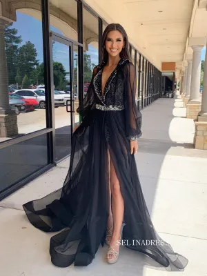 A-line V neck Black Beaded Long Sleeve Prom Dress with Slit SEW1132