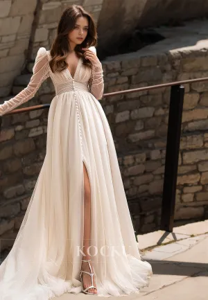 A-Line V-Neck Long Sleeves High Split Pleats Glitter Lace Bridal Dress with Train Wedding Dress