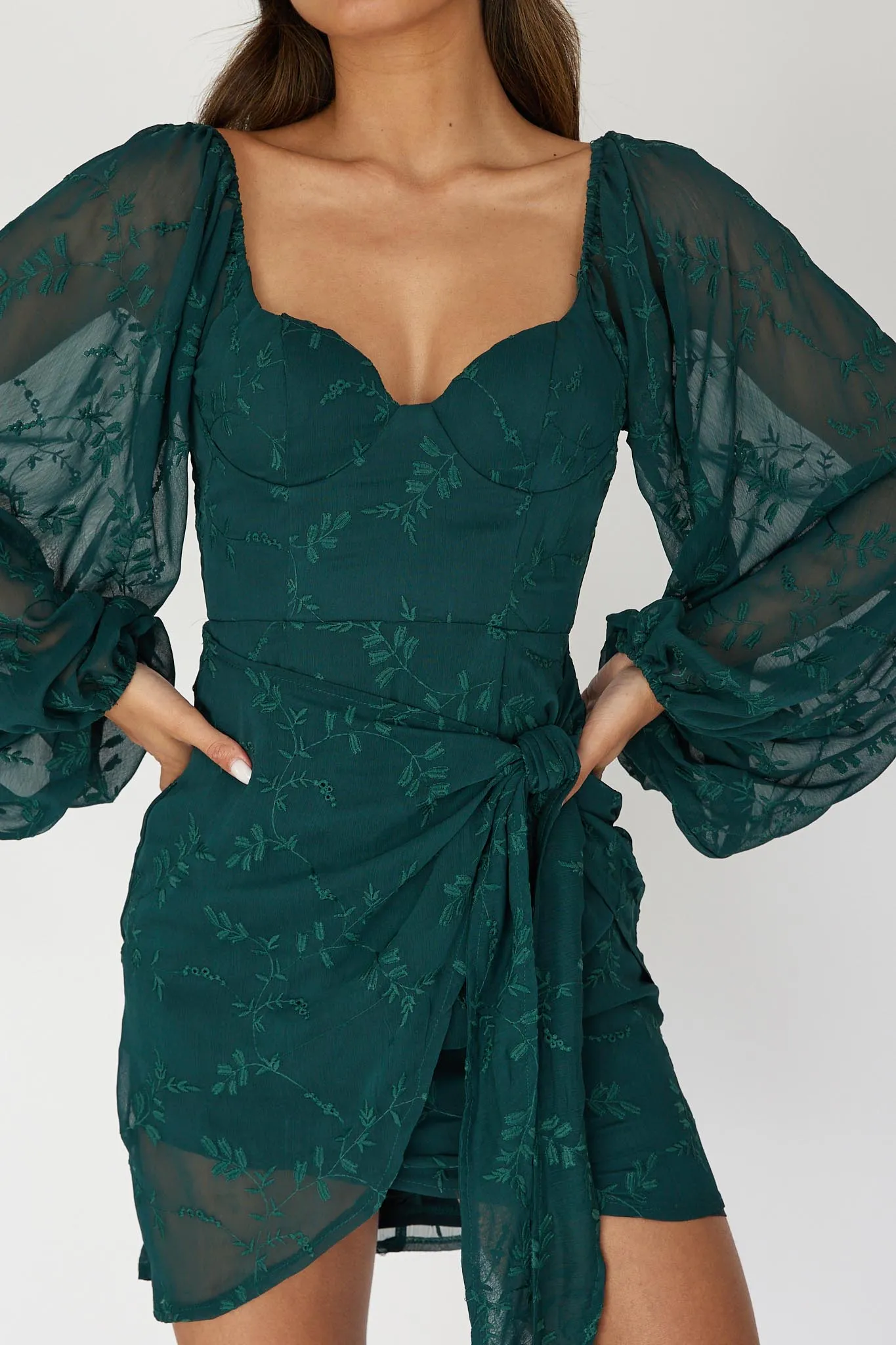 Aphrodite Long Sleeve Embroidered Dress Forest Green