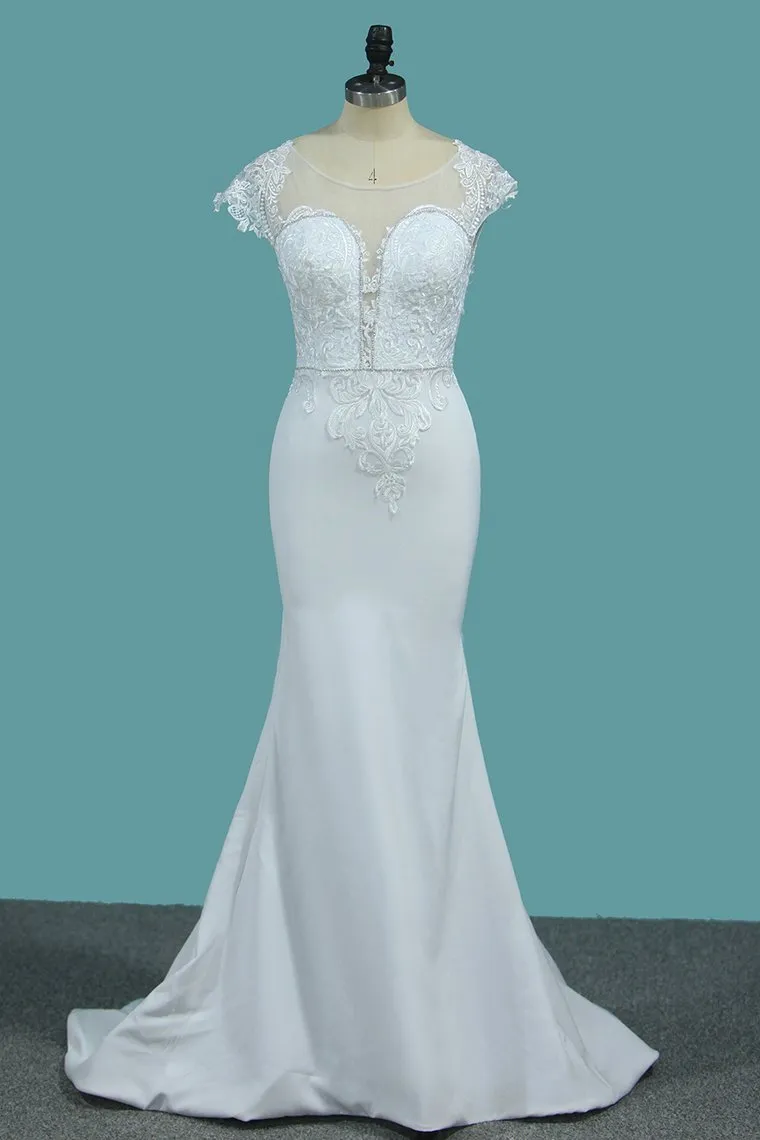 Bateau Neck Beaded Floor-Length Mermaid Wedding Dress with Lace Appliques