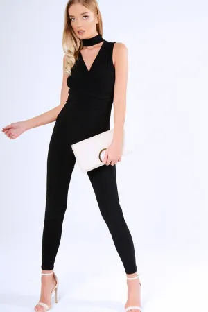 Black Choker Neck Wrapover Jumpsuit - Palma