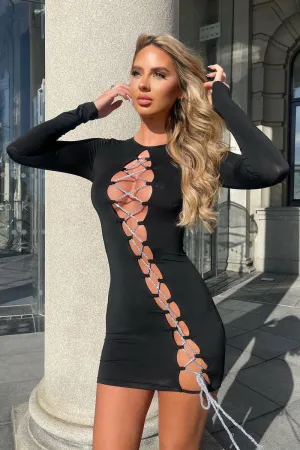 Black Lace Up Detail Long Sleeve Bodycon Mini Dress - Renho