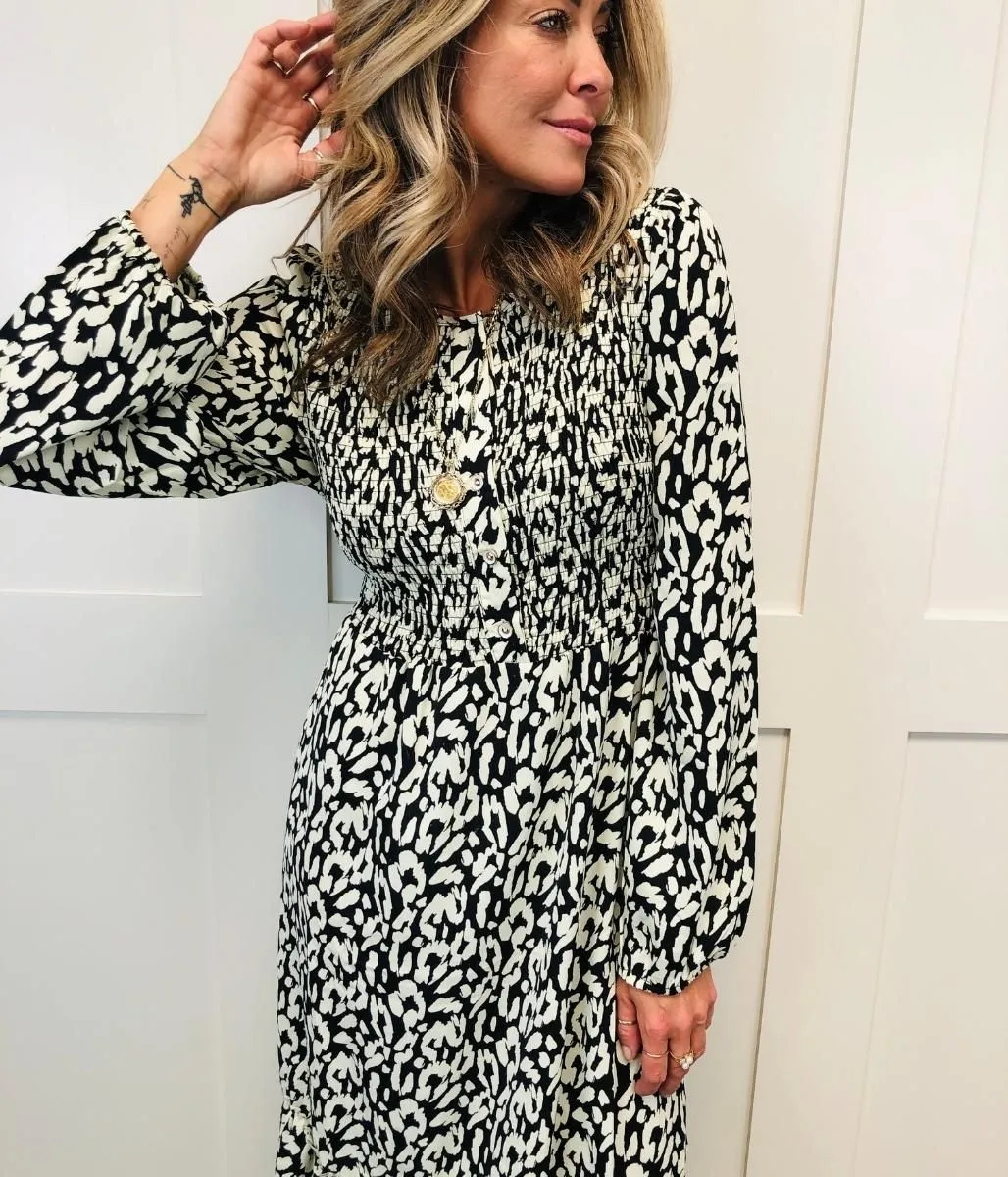 Black Shirred Animal Print Dress