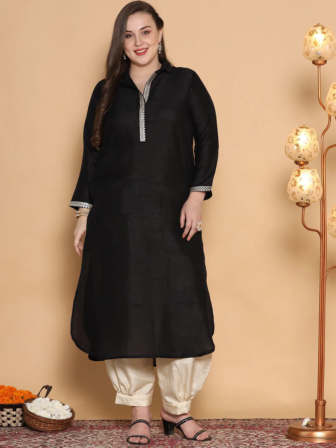 Black Silk Embellished Shirt Collar Kurta