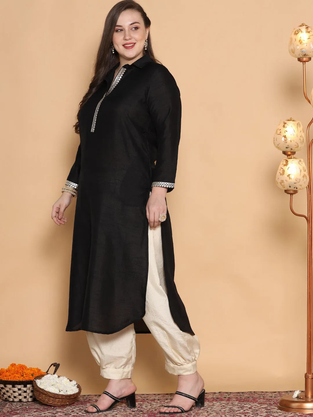 Black Silk Embellished Shirt Collar Kurta