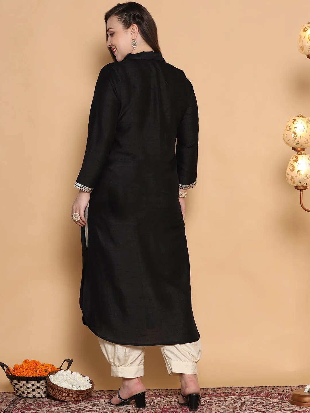 Black Silk Embellished Shirt Collar Kurta