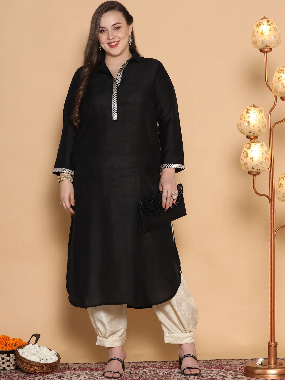 Black Silk Embellished Shirt Collar Kurta