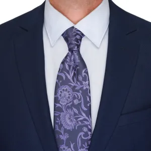 Blue and Purple Floral Motif Woven Silk Tie