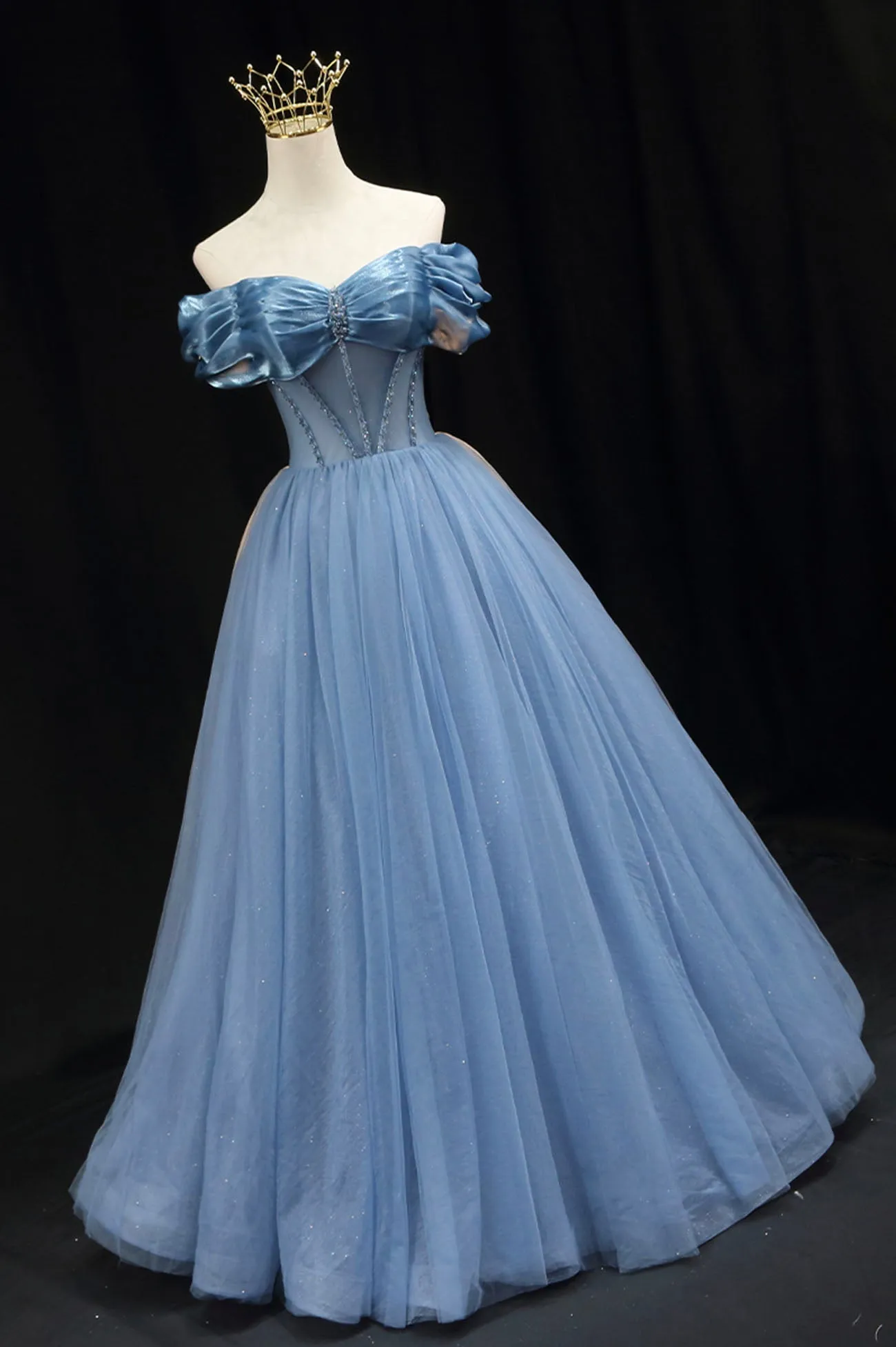 Blue Tulle Beaded Long Prom Dress Elegant A-Line Blue Evening Dress