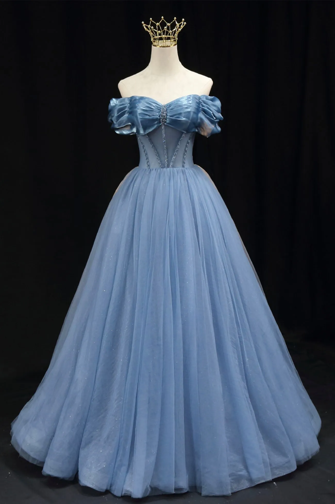 Blue Tulle Beaded Long Prom Dress Elegant A-Line Blue Evening Dress