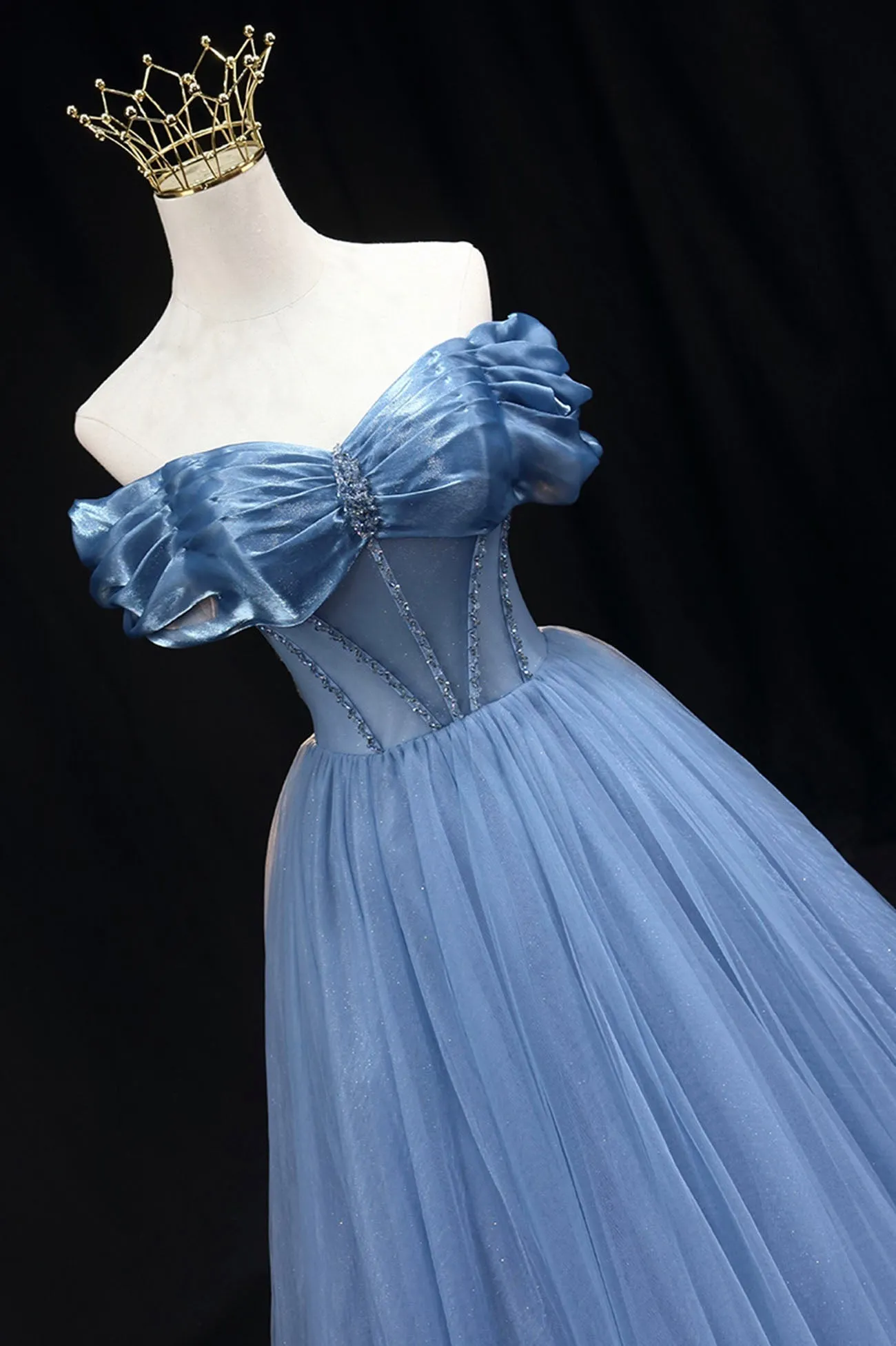 Blue Tulle Beaded Long Prom Dress Elegant A-Line Blue Evening Dress