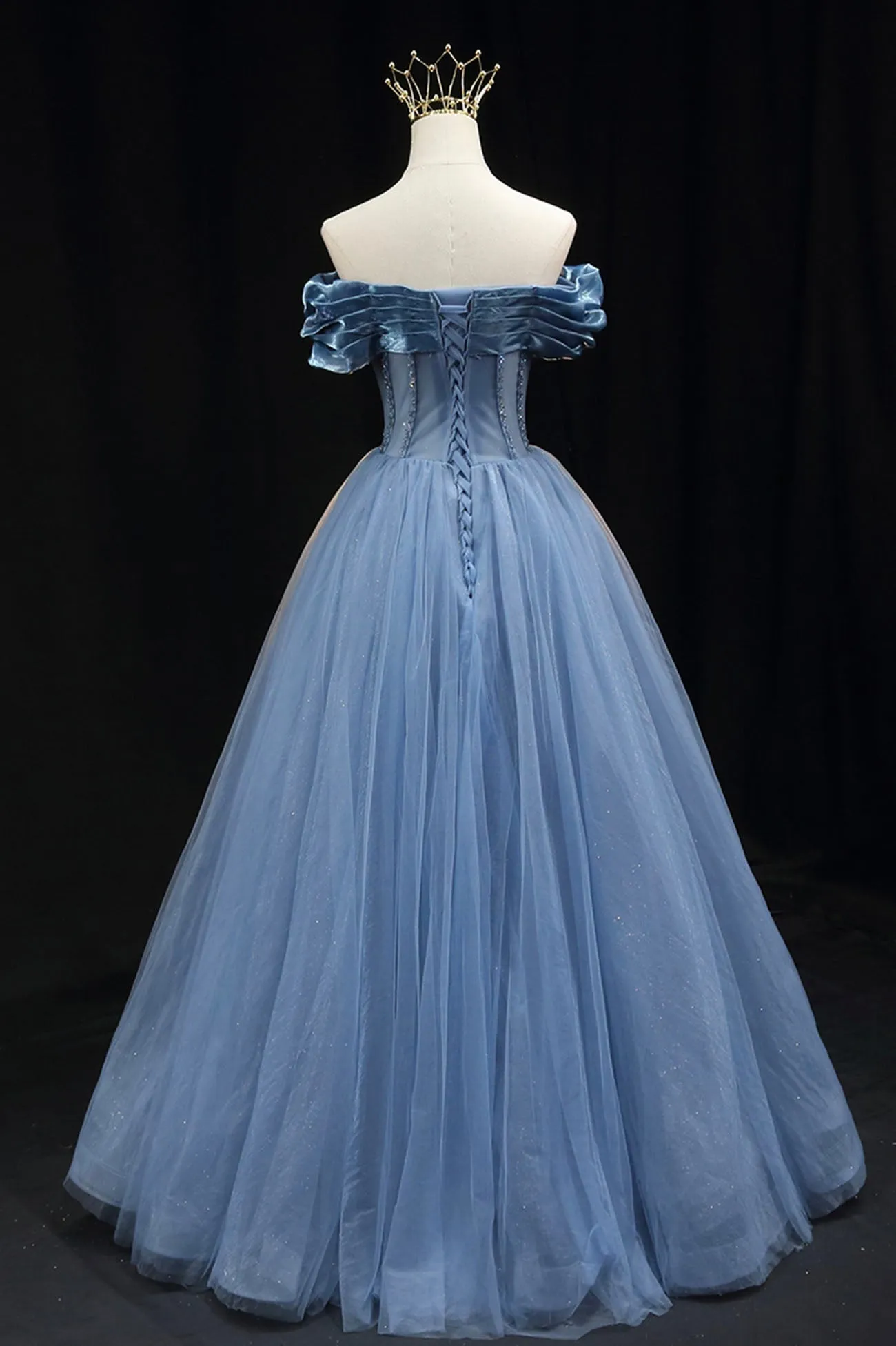 Blue Tulle Beaded Long Prom Dress Elegant A-Line Blue Evening Dress