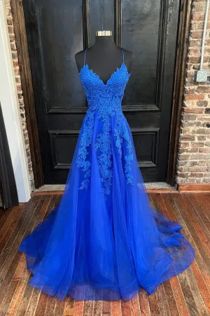 Blue V-Neck Tulle Long Prom Dresses Elegant A-Line Lace Evening Dresses