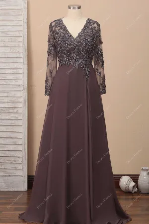 Brown Beaded Chiffon Sheer Sleeve Lace Plus Size Long Dress