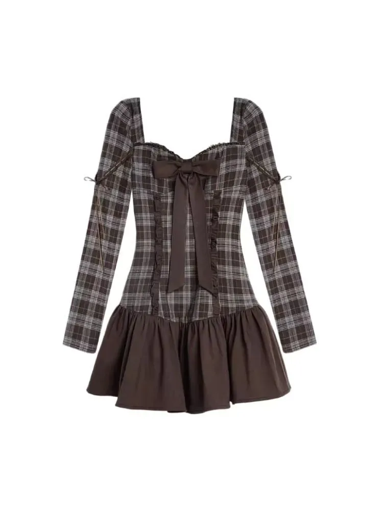 Brown Plaid Bow Long Sleeve Dress【s0000006498】