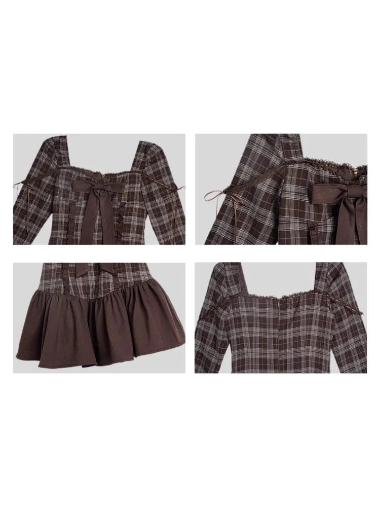 Brown Plaid Bow Long Sleeve Dress【s0000006498】