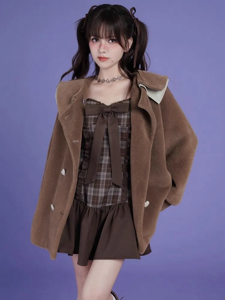 Brown Plaid Bow Long Sleeve Dress【s0000006498】