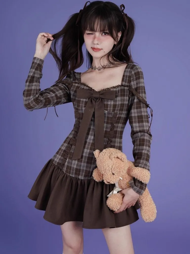 Brown Plaid Bow Long Sleeve Dress【s0000006498】