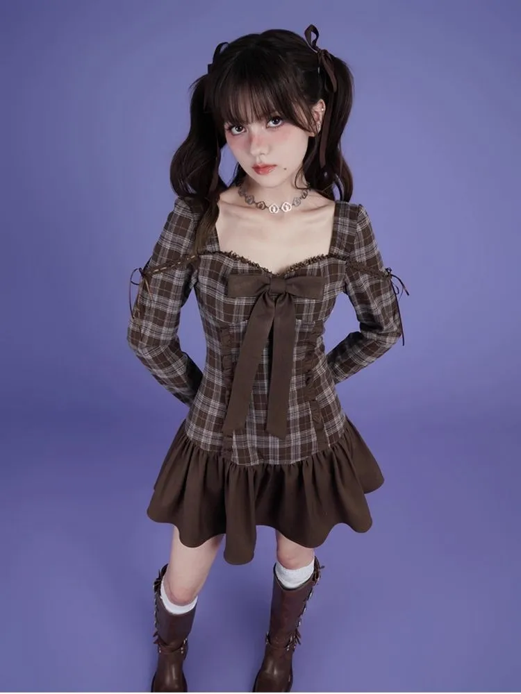 Brown Plaid Bow Long Sleeve Dress【s0000006498】