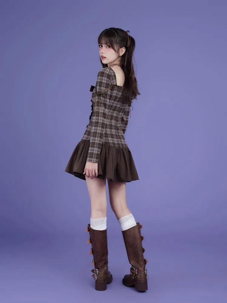 Brown Plaid Bow Long Sleeve Dress【s0000006498】