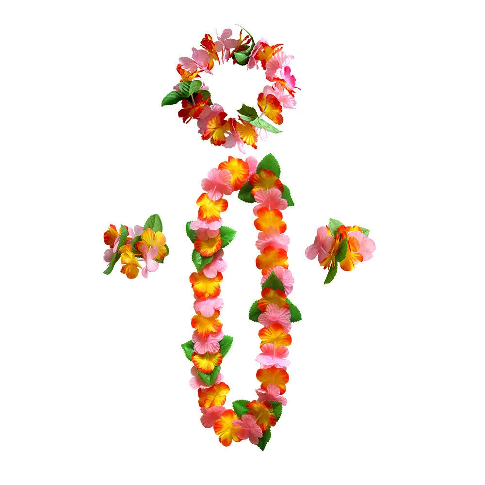 Bulk 4Pcs Hawaiian Leis Flowers Necklaces Headbands and Wristbands for Beach Party Wholesale