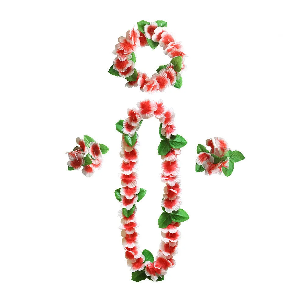 Bulk 4Pcs Hawaiian Leis Flowers Necklaces Headbands and Wristbands for Beach Party Wholesale