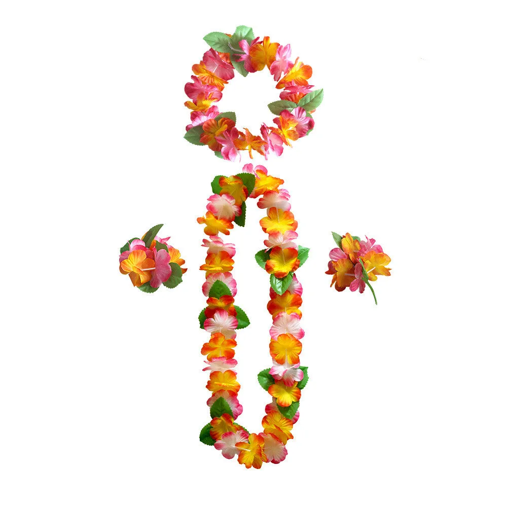 Bulk 4Pcs Hawaiian Leis Flowers Necklaces Headbands and Wristbands for Beach Party Wholesale