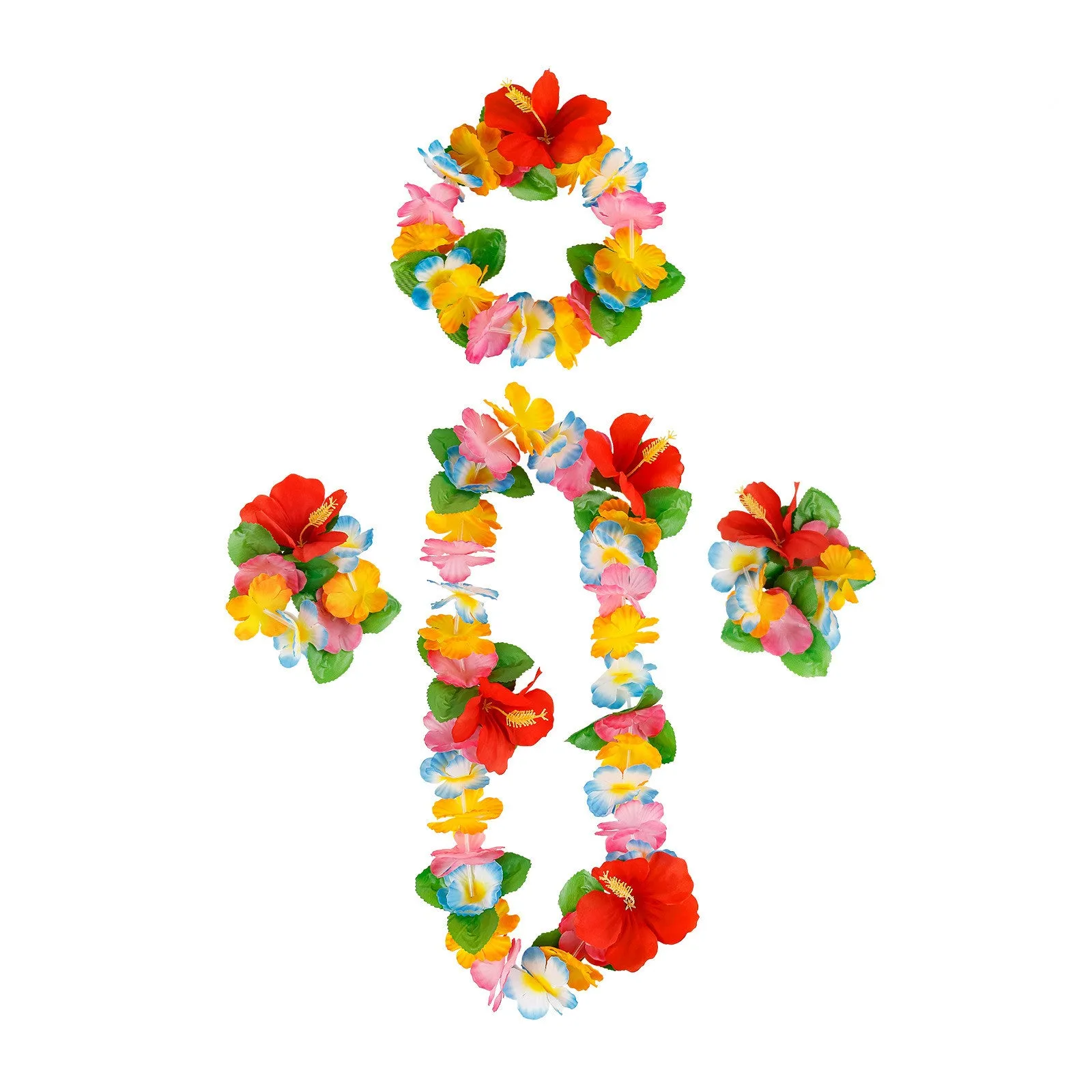 Bulk 4Pcs Hawaiian Leis Flowers Necklaces Headbands and Wristbands for Beach Party Wholesale