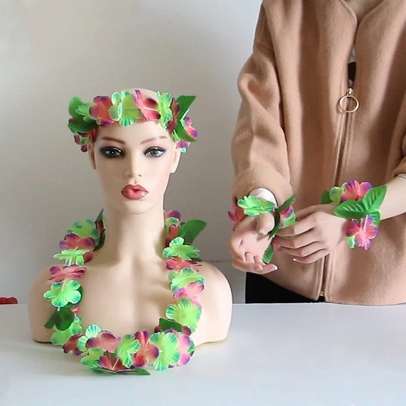 Bulk 4Pcs Hawaiian Leis Flowers Necklaces Headbands and Wristbands for Beach Party Wholesale