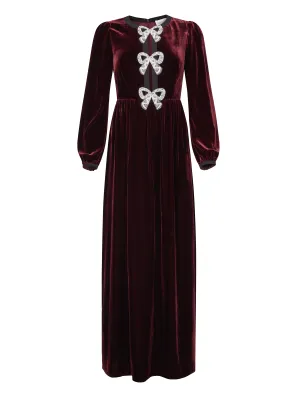 Camille Velvet Embellished Bows Long Dress in Burgundy