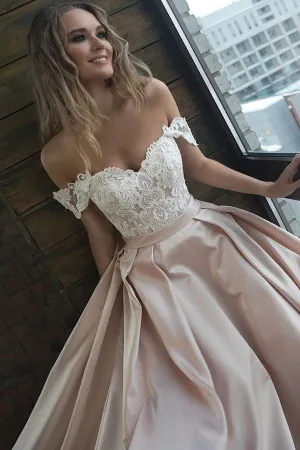 Champagne Satin Off The Shoulder Wedding Dress With Lace Top