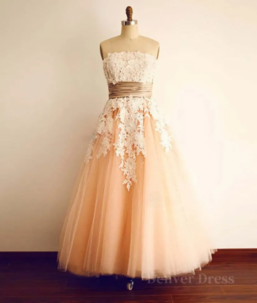 Champagne Tulle Lace Tea Pearl Prom Dresses Lace Wedding Dresses