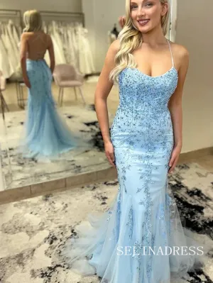 Chic Mermaid Spaghetti Straps Light Sky Blue Prom Dresses Lace Evening Dress lpk524