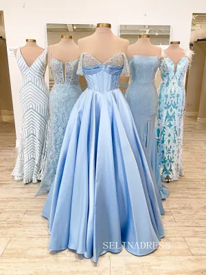 Chic Off-the-shoulder Beaded A-line Long Prom Dresses V neck Light Sky Blue Elegant Evening Dresses jkw238