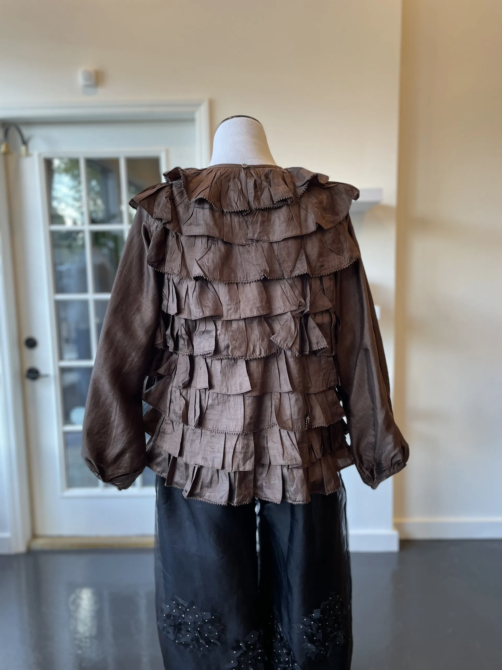 Chocolate Brown Silk Ruffle Blouse