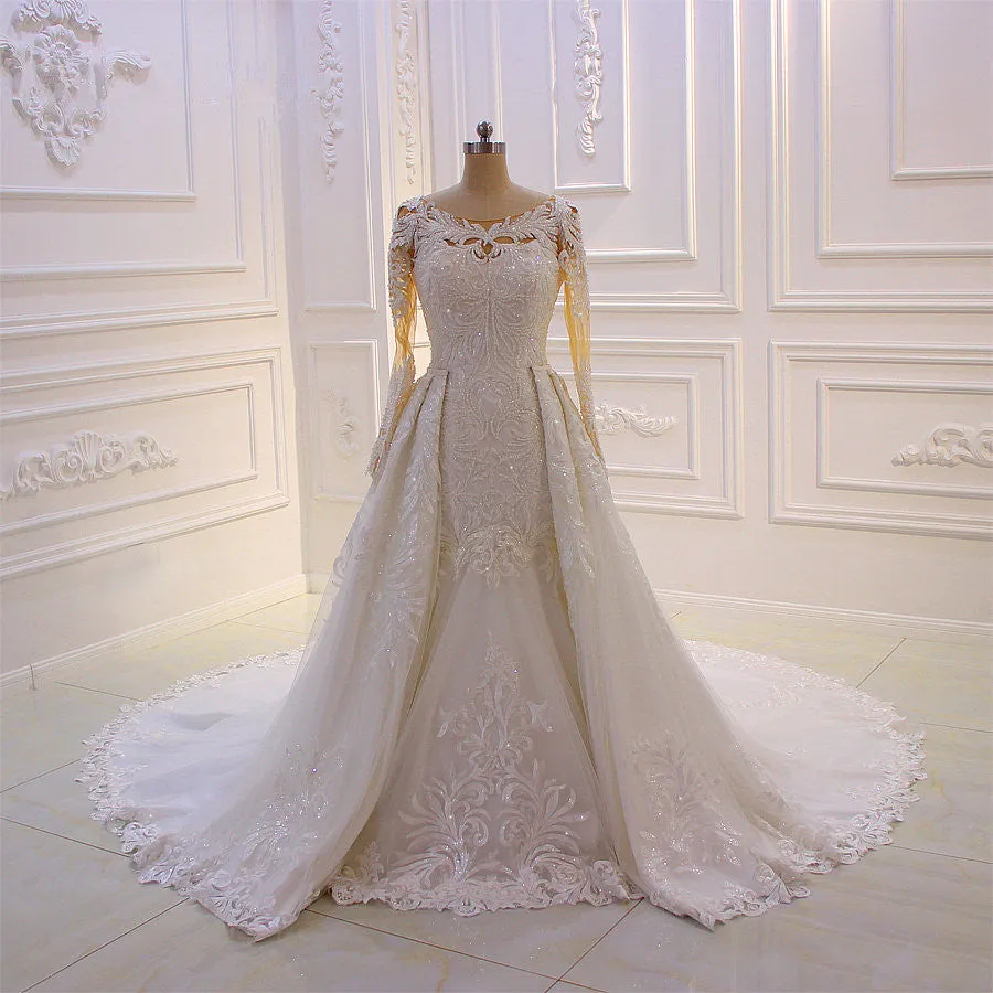 Classic Jewel Long Sleevess Tulle Lace Sparkle Ivory Wedding Dress