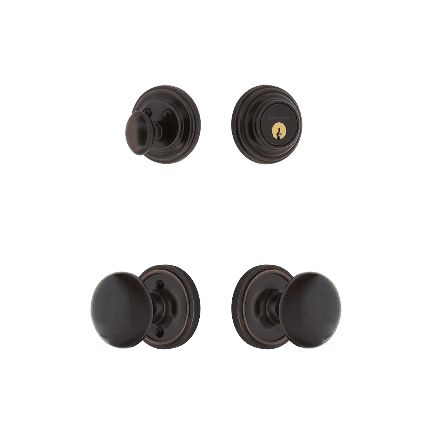 Classic Rosette Entry Set with Black Porcelain Knob in Timeless Bronze