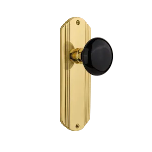 Deco Long Plate with Black Porcelain Knob in Polished Brass