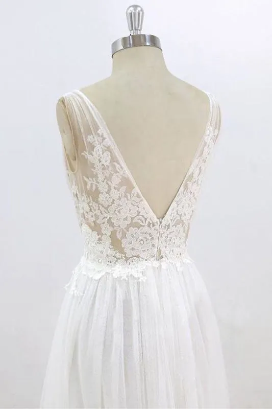 Deep V-neck Lace A-line Tulle Wedding Dress