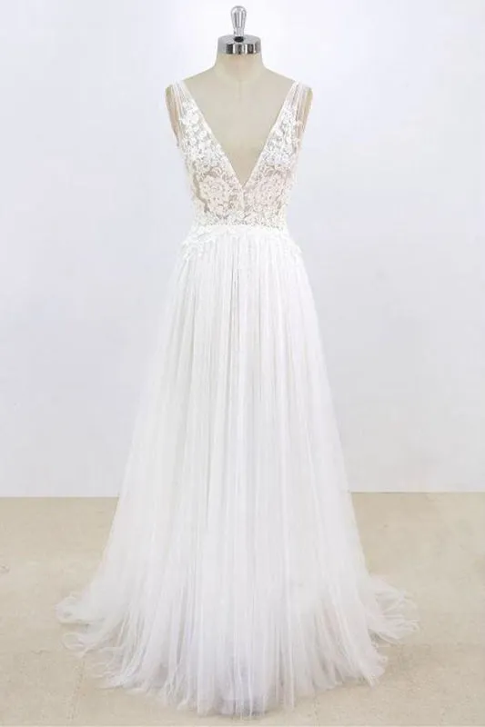 Deep V-neck Lace A-line Tulle Wedding Dress