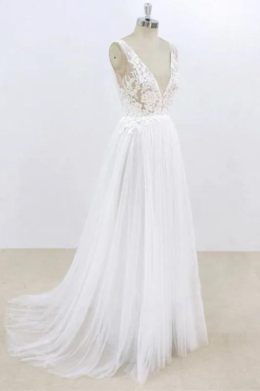 Deep V-neck Lace A-line Tulle Wedding Dress