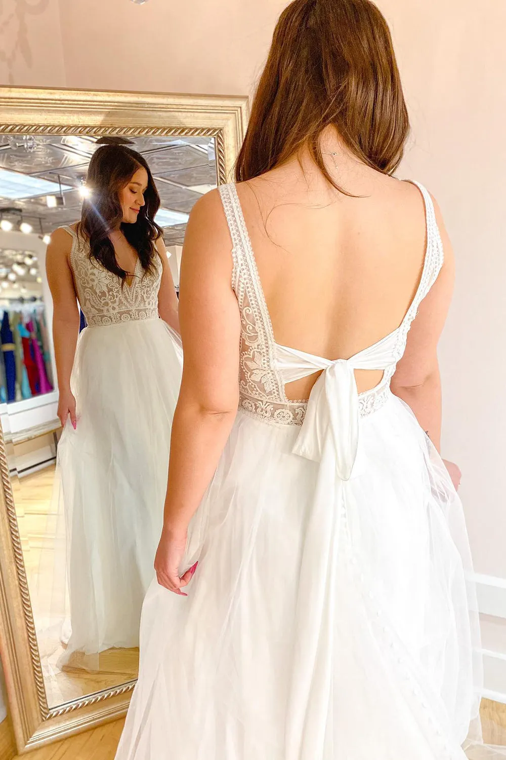 Deep V-neck Spaghetti Straps A-Line Wedding Dress With Open Back Tulle Train