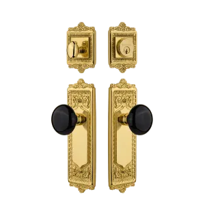 Egg & Dart Entry Set with Black Porcelain Knob in Unlacquered Brass