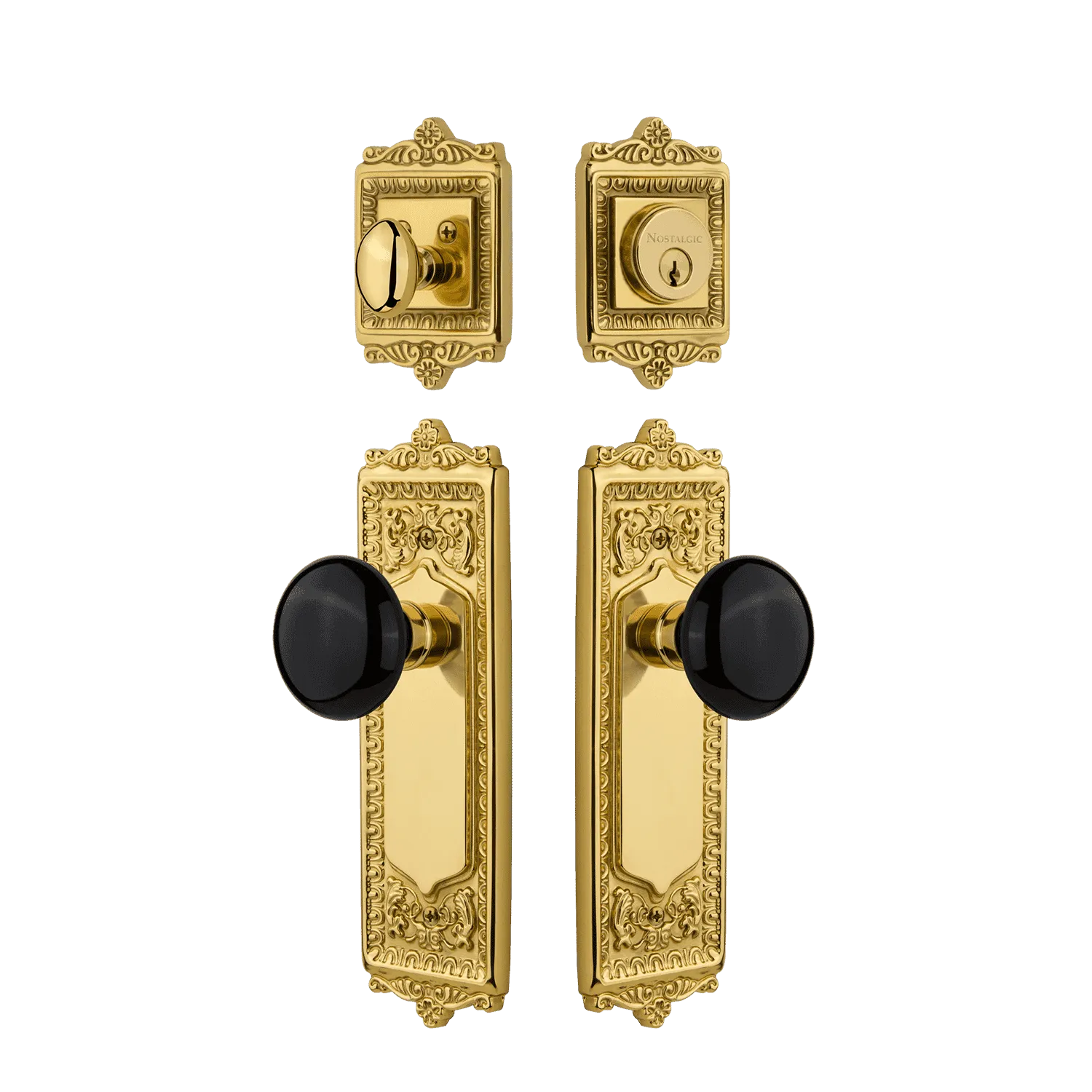 Egg & Dart Entry Set with Black Porcelain Knob in Unlacquered Brass